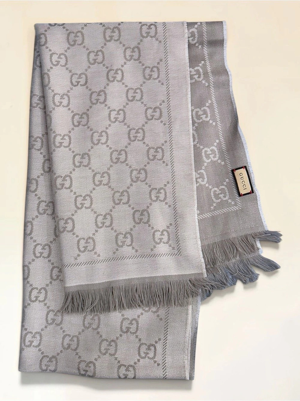Preloved Gucci GG Jacquard Wool Silk Scarf Gray